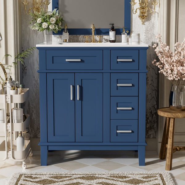 English Elm 30" Freestanding Bathroom Vanity Ceramic Sink Soft Close Cabinet Gray Wood Frame Blue N729P427118C