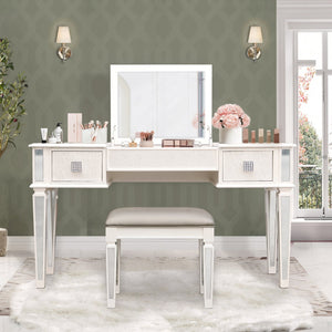 English Elm Mirrored Vanity Desk with Drawers and Flip-Up Mirror, Silver PU Stool, Crystal Knobs, Storage Elegance W2170P209976