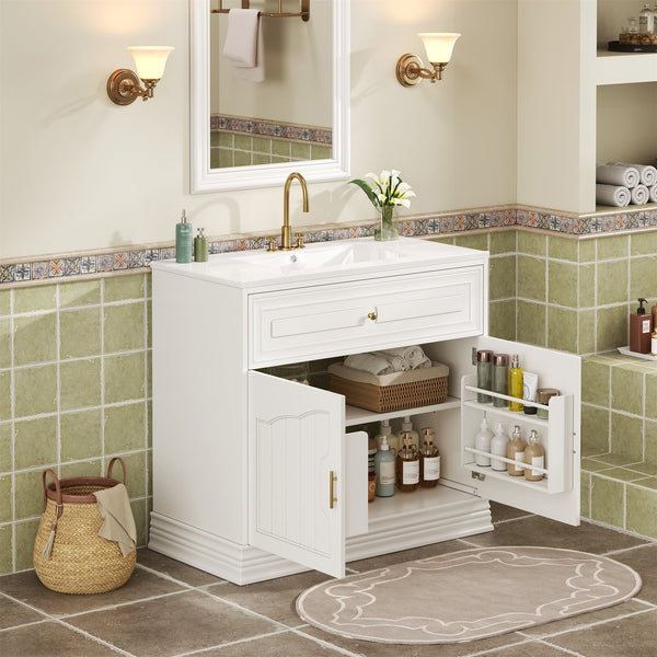 English Elm 36" Luxurious Bathroom Vanity with Ceramic Sink and Soft-Close Doors, Solid Wood Frame, Adjustable Shelves White N710P288944K