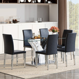 English Elm Table 7-Piece Modern Dining Set With Glass Top, Artistic Mdf Legs, And 6 Comfortable Pu Chairs W1151S03803-GIGA