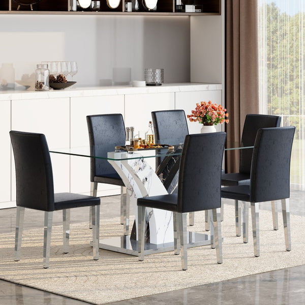 English Elm Table 7-Piece Modern Dining Set With Glass Top, Artistic Mdf Legs, And 6 Comfortable Pu Chairs W1151S03803-GIGA