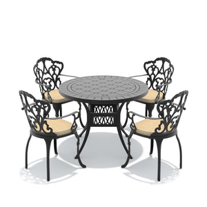English Elm 5-piece Cast Aluminum Outdoor Dining Set with Ornate Relief Patterning and Cushioned Armchairs W1710S00550