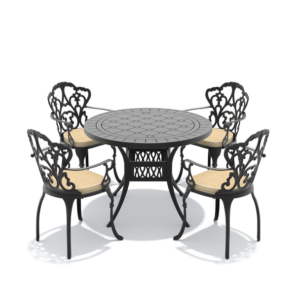 English Elm 5-piece Cast Aluminum Outdoor Dining Set with Ornate Relief Patterning and Cushioned Armchairs W1710S00550