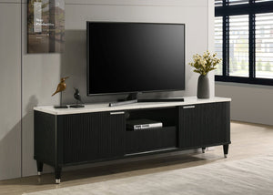 English Elm 1pc Mid-century Media Console Faux Marble Surface Ribbed Cabinet Tapered Legs 79in Black,White B2741P483126
