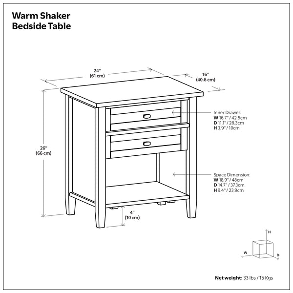 English Elm Warm Shaker Pine Nightstand with Two Drawers and Open Shelf for Farmhouse Bedrooms B136P420751