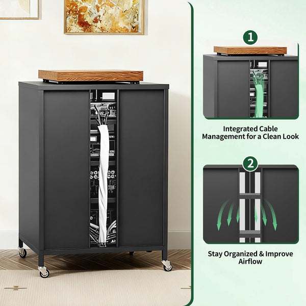 English Elm 35.8" Steel Media Cabinet with Tempered Glass Doors and Locking Wheels for Living Room T2398P413024