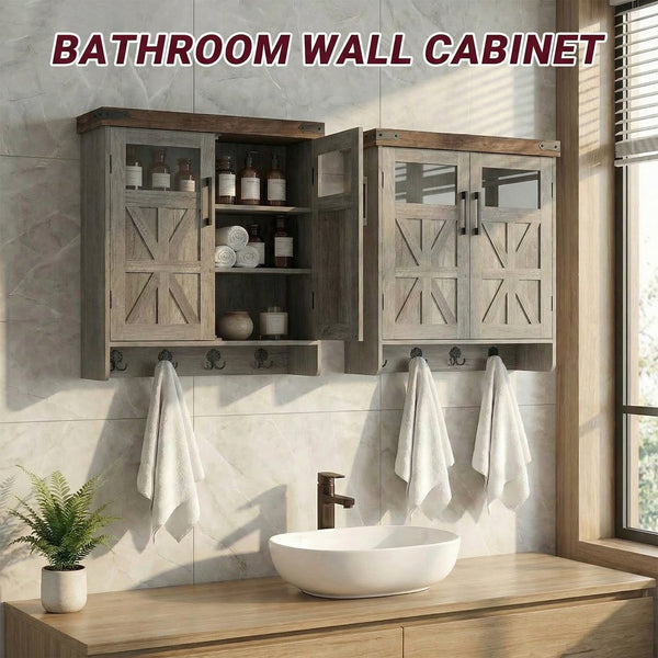 English Elm Bathroom Wall Cabinet Over Toilet with Adjustable Shelves and Built in Towel Hook Grey+Brown T5831P489009