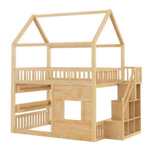 English Elm Full Size Solid Wood House Bed with Led Shelf Lighting for Kids Bedroom Natural N7500005026N
