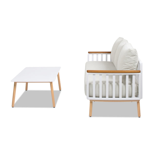 English Elm Jennifer Taylor Home - Calarono Teak & Aluminum 2pc Outdoor Sofa + Coffee Table Set in Sand Dune Chenille — Durable, UV‑Resistant Comfort and Modern Slatted Design B2719P320845