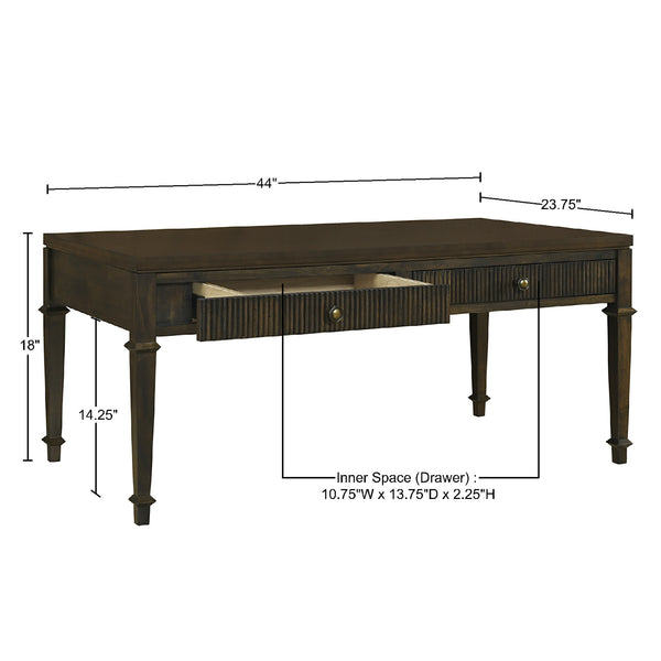 JLA Home Martha Stewart - Fluted two-drawer coffee table with fluted faces, antique-brass knobs & dark brown veneer finish MT120-1192