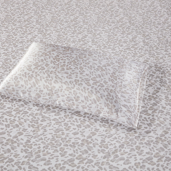 JLA Home Madison Park Essentials - Sheet Luxurious Satin Sheet Set - Silky Wrinkle-Resistant Fabric with Elegant Marble-Inspired Blue Print for Beauty Sleep and Hair Care Taupe Leopard MPE20-995