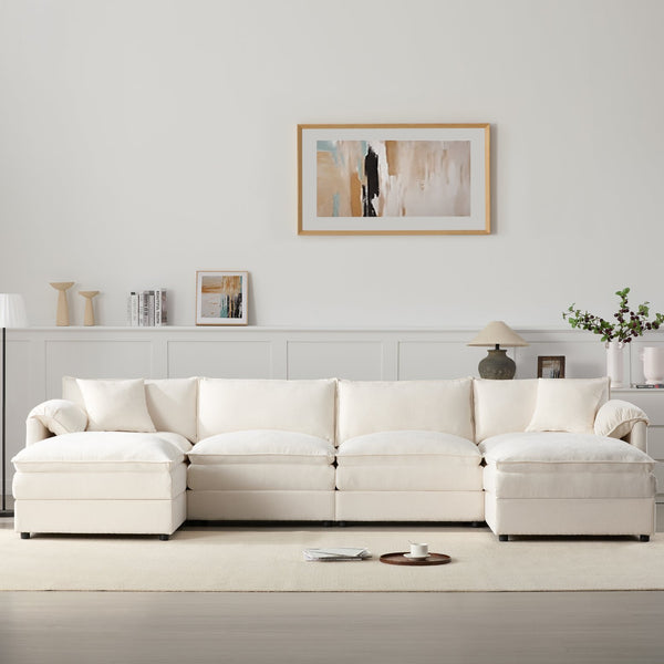 English Elm [new U-shaped Chenille Cloud Sectional 6 Seat Modular Sofa with Movable Ottoman White N723S6546W