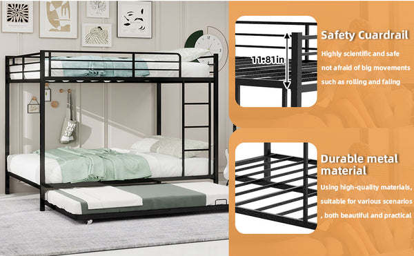 English Elm Durable Iron Bunk Bed With Trundle, Safety Rails & Modern Design – Perfect For Kids, Guests & Space-Saving! W1935P360854