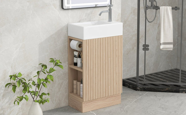 English Elm 18.6" Bathroom Vanity with Sink and Ceramic Top, MDF Cabinet with Door, TP Holder & Shelf Natural N725P212181N