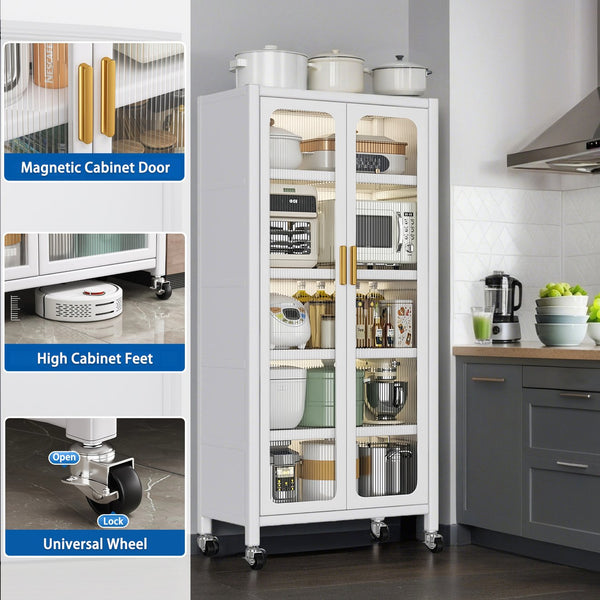 English Elm 65" Kitchen Pantry Cabinet with Transparent Double Doors, 6-Tier Adjustable Metal Shelves on Wheels, White Durable Storage Solution W3204P383016