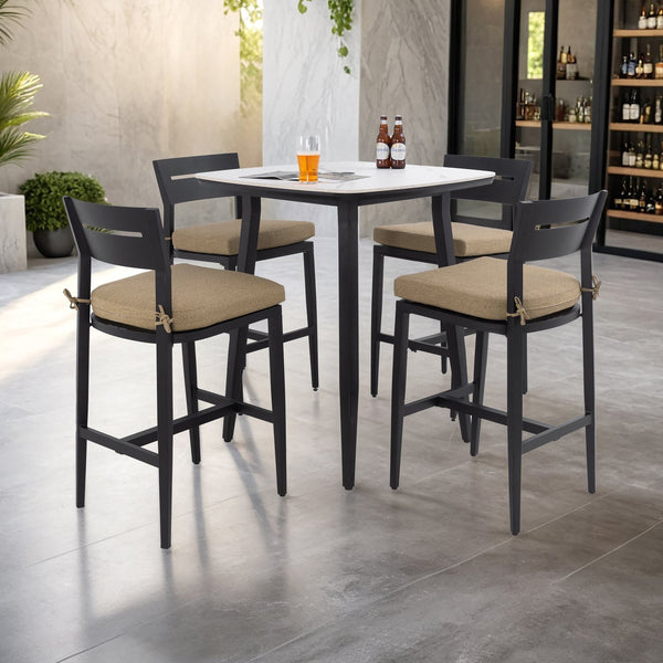 English Elm Modern 5Pc Outdoor Patio Bar Set With Elegant Sintered Stone Table & Comfortable Aluminum Stools W1886S00034