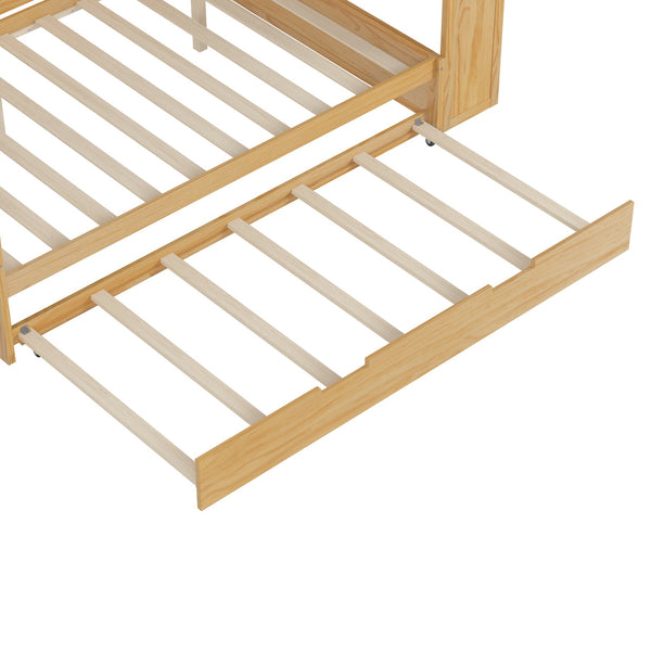 English Elm Wooden Full Size Daybed with Trundle and Built-In Desk, Side Storage Shelves for Space-Saving Rooms Natural 70 L x 18.6 W x 5.5 H N733S242277M