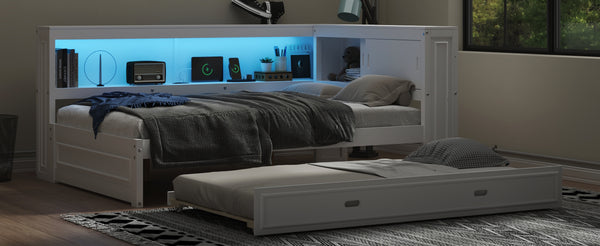 English Elm Full Pine Daybed with Trundle Sliding Storage Shelves Led Lighting and Usb Charging White GX004003AAK