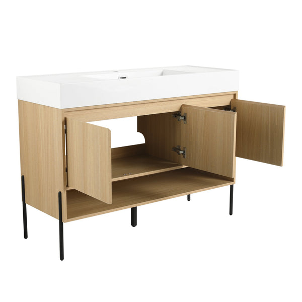English Elm 48" Oak Bathroom Vanity Combo with One-Piece Resin Sink, Tripod Legs, Multi-Layer Solid Wood Cabinet W1972S00010