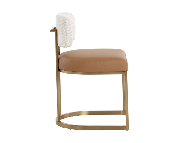 Sunpan Larissa Dining Chair: Elegant Napa Cognac & Rhea Light Barley Upholstery With Brass Steel Frame Brown Fabric ,Faux Leather 112100