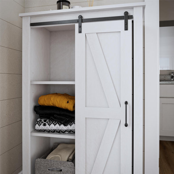 English Elm Alton Farmhouse Chest with Sliding Barn Door Five Drawers and Matte Black Hardware Oak B2733S00019