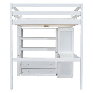 English Elm Wood Full Size Loft Bed with Built-In Desk, Wardrobe, Shelves & Drawers for Space-Saving Rooms White GX000466AAK