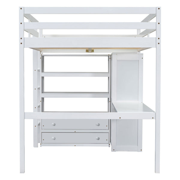 English Elm Wood Full Loft Bed with Integrated Wardrobe Desk Shelving and Drawers for Teen Rooms White GX000466AAK-1