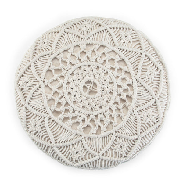 English Elm Coates Round Macrame Pouf in Natural White - Handcrafted Cotton, Supportive Polystyrene Fill, Versatile Accent Seat B136P159319