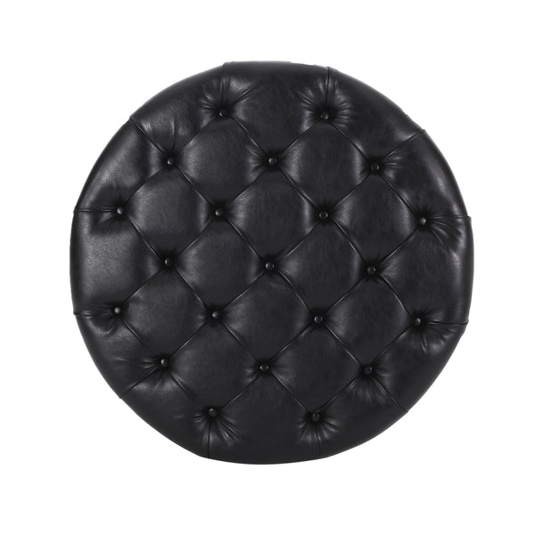 English Elm Round Tufted Pu Leather Ottoman with Open Shelf Storage for Living Room Black 71589.00
