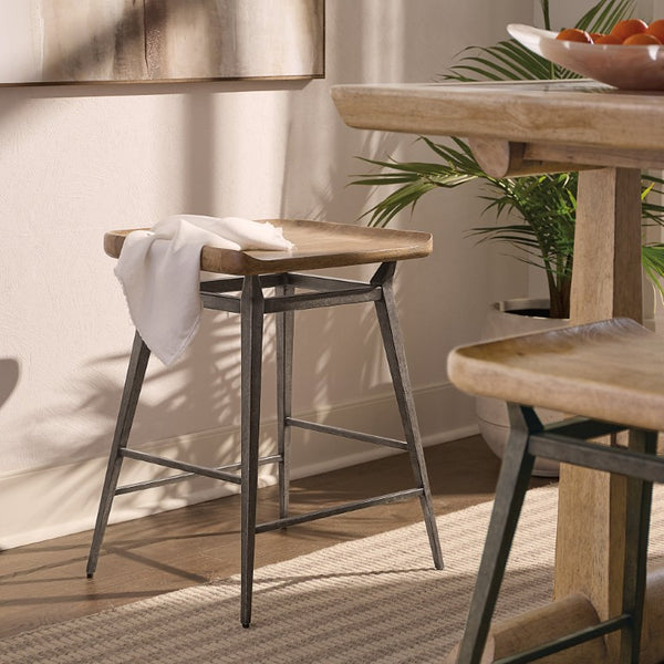 Hooker Furniture Vineyard Shaped Wood Counter Chair In Sonoma Finish With Rustic Metal Base, Footrests & Tapered Legs 6952-75450-80