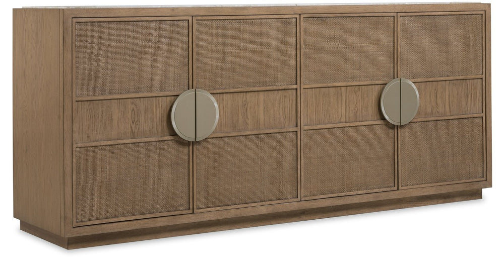 Hooker Furniture Sonnet Marble-Inset Dining Credenza With Woven Cane Doors, White Oak Veneer, Soft-Close Storage Elegance 6072-75900-85