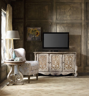 Hooker Furniture Chatelet Caramel Froth Entertainment Console With Mirrored Fretwork, Adjustable Shelves, Vintage Charm 5351-55468