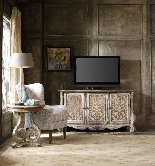 Hooker Furniture Chatelet Caramel Froth Entertainment Console With Mirrored Fretwork, Adjustable Shelves, Vintage Charm 5351-55468