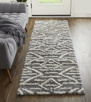 Feizy Rugs Mynka Geometric High Pile Polyester Rug - Stain Resistant, Pet Friendly, Perfect For Any Space Gray,Ivory Polyester Myn39ibfgry000i68