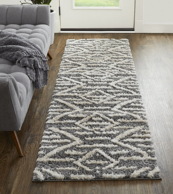 Feizy Rugs Mynka Geometric High Pile Polyester Rug - Stain Resistant, Pet Friendly, Perfect For Any Space Gray,Ivory Polyester Myn39ibfgry000i68