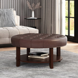 English Elm Round Tufted Pu Leather Ottoman with Open Shelf Storage for Living Room Dark Brown 71589.00DBRN