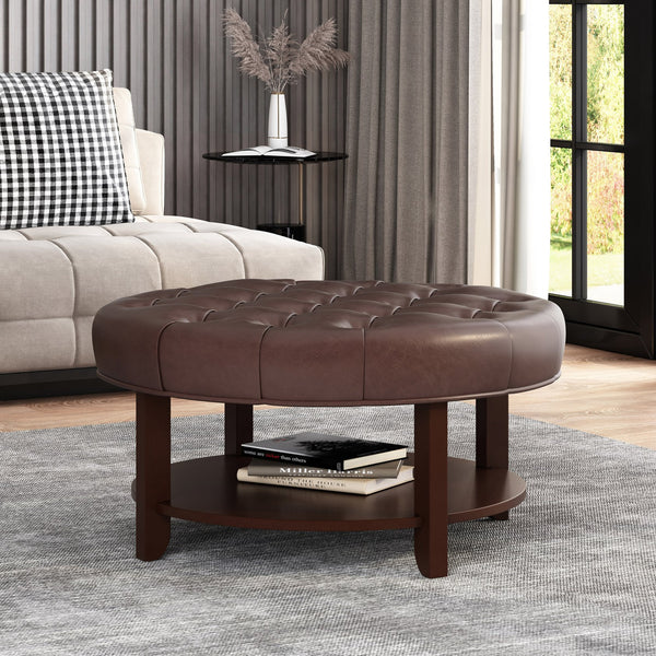 English Elm Round Tufted Pu Leather Ottoman with Open Shelf Storage for Living Room Dark Brown 71589.00DBRN