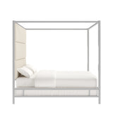 Homelegance By Top-Line Marcel Chrome Finish Metal Canopy Bed with Linen Panel Headboard Chrome Metal