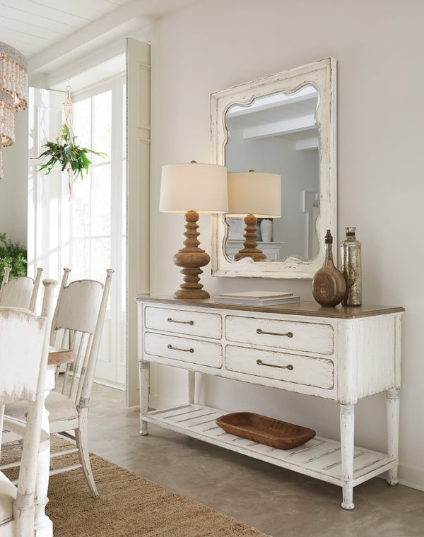 Hooker Furniture Americana Scalloped Beveled Landscape Mirror With Distressed Daisy Oak Finish, Vintage Farmhouse Charm Whites/Creams/Beiges 7050-90008-02