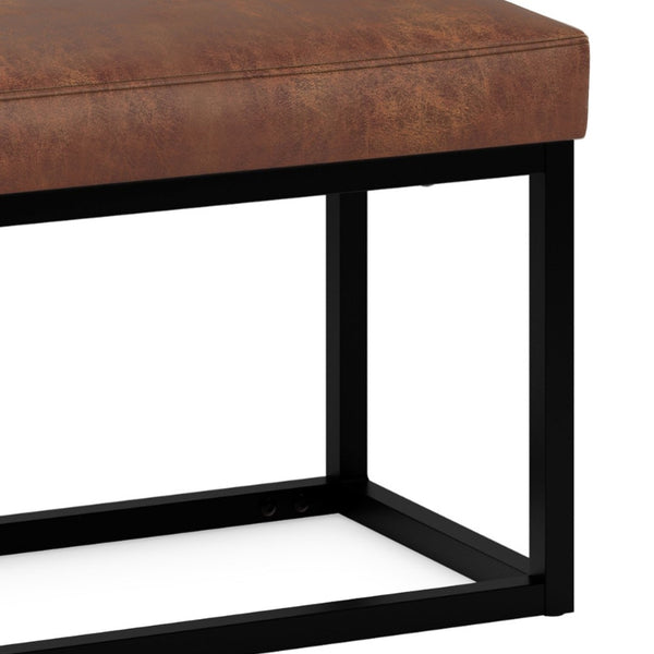 English Elm Reynolds Small Bench - Distressed Saddle Brown Vegan Leather With Matte Black Metal Frame For Versatility B136P159253-GIGA