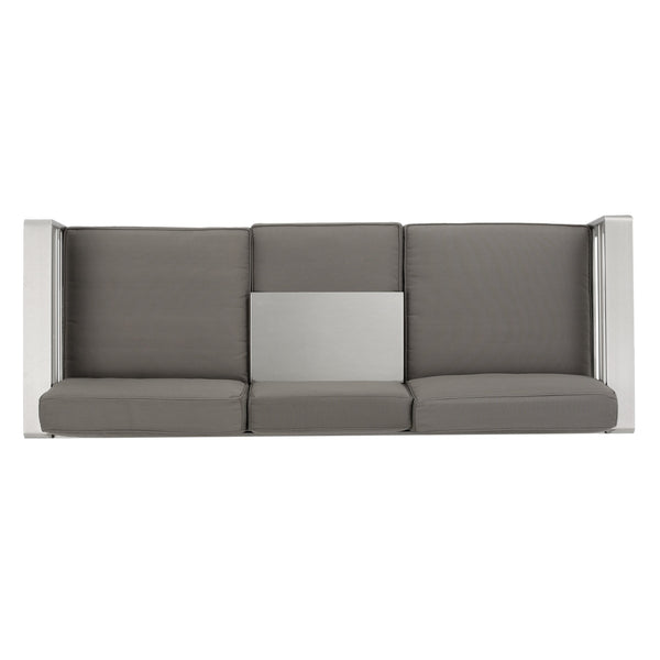 English Elm Christopher Knight Home® - CAPE modern 3-seater outdoor sofa with aluminum frame, convertible tray table, water-resistant cushions Gray 58981.00CUS