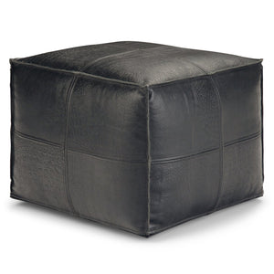 English Elm Bowen Leather Square Pouf Ottoman - Handcrafted Black Top-Grain Buffalo Leather, Supportive Accent Seat B136P159308