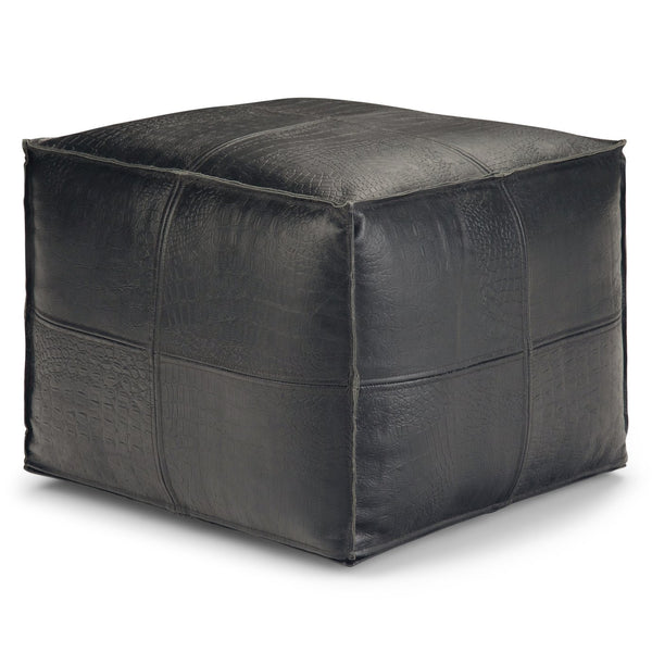 English Elm Bowen Leather Square Pouf Ottoman - Handcrafted Black Top-Grain Buffalo Leather, Supportive Accent Seat B136P159308
