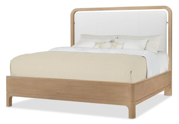 Hooker Furniture Banyon Modern King Panel Bed With Leather-Trim Headboard, White Oak Desert Finish, Sturdy Craftsmanship Beige 6081-90366-82