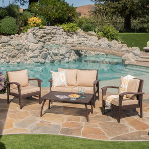 English Elm Christopher Knight Home® - HONOLULU Stylish 4PC PE Wicker Patio Set with Durable Iron Frame, Waterproof Cushions, Compact Lounge Brown+Tan 52917.00IRN