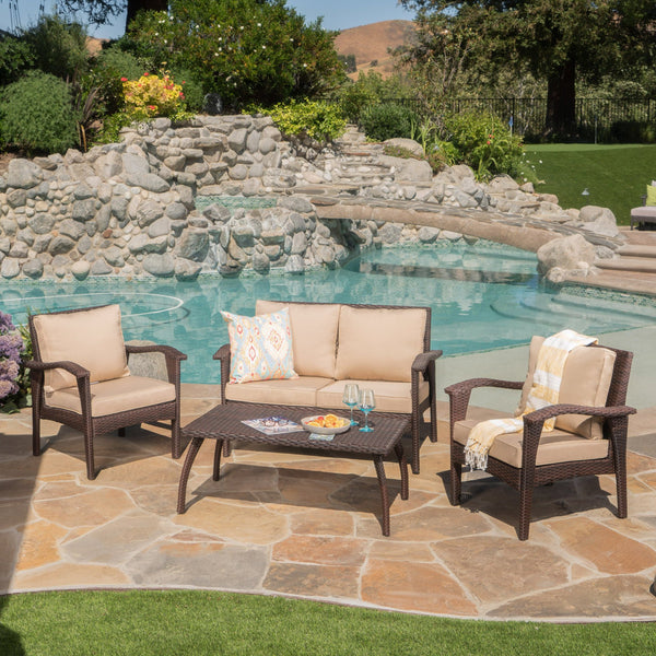 English Elm Christopher Knight Home® - HONOLULU Stylish 4PC PE Wicker Patio Set with Durable Iron Frame, Waterproof Cushions, Compact Lounge Brown+Tan 52917.00IRN