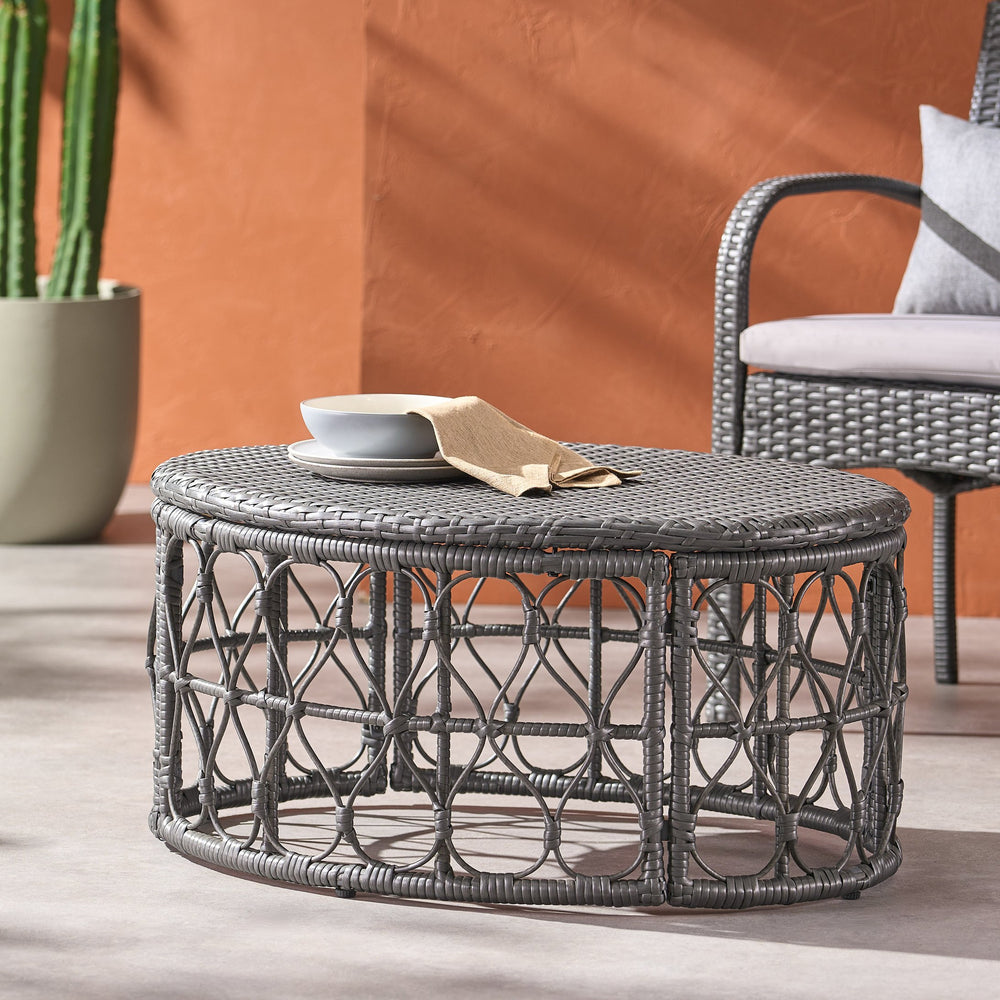 English Elm Christopher Knight Home® - BRUCE Wicker Rattan Coffee Table with Boho Weave Top, Durable Polyethylene Construction, 32.5"W Grey 70417.00GRY