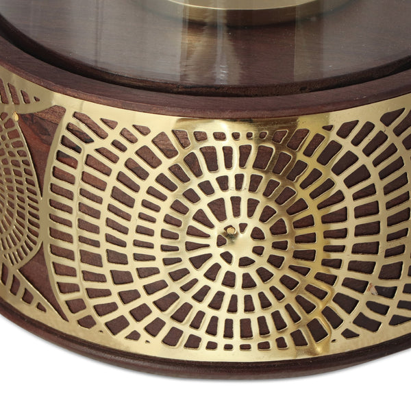 English Elm Christopher Knight Home® - CIRCLE Mango Wood Hurricane Candle Holder with Ornate Gold Accents, Handcrafted Boho Tempered Glass 72064.00