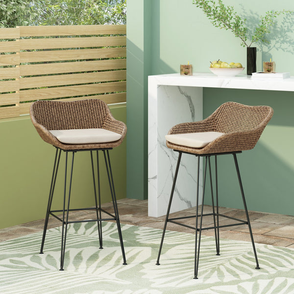 English Elm Pe Rattan Outdoor Bar Stools All Weather Woven Set with Cushioned Seats for Patio 71503.00LBRN-4