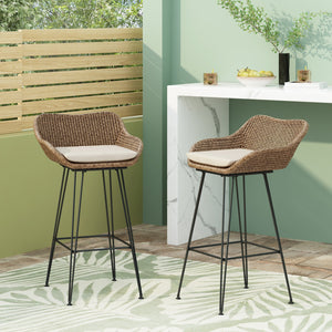 English Elm Pe Rattan Outdoor Bar Stools All Weather Woven Set with Cushioned Seats for Patio 71503.00LBRN